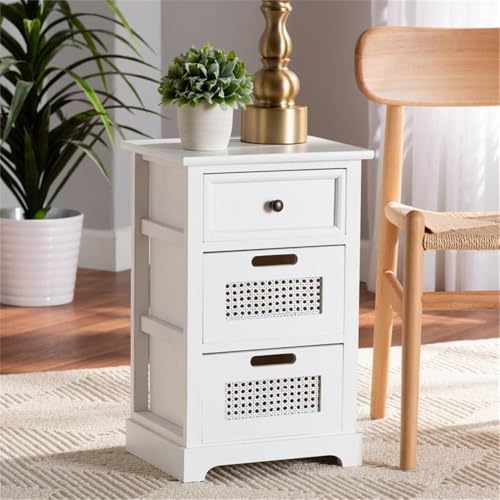 Baxton Studio Pratt Modern and Contemporary White Finished Wood and Rattan 3-Drawer Nightstand